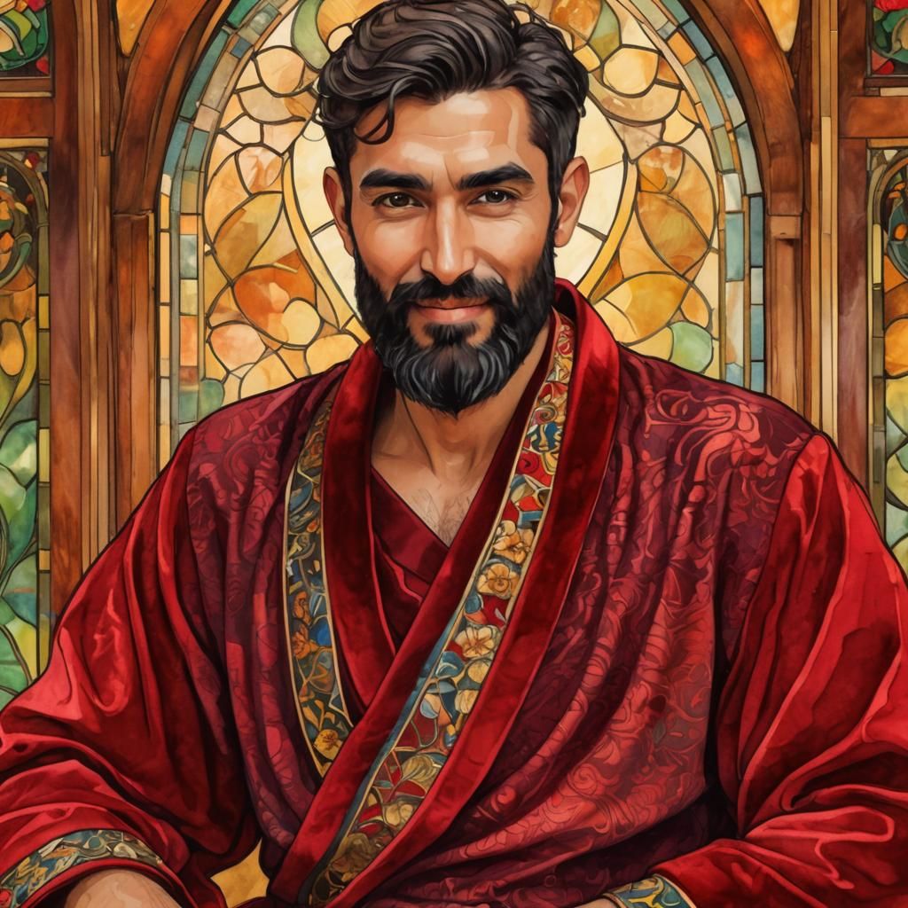 Smiling Man in Red Robe, Art Nouveau Portrait