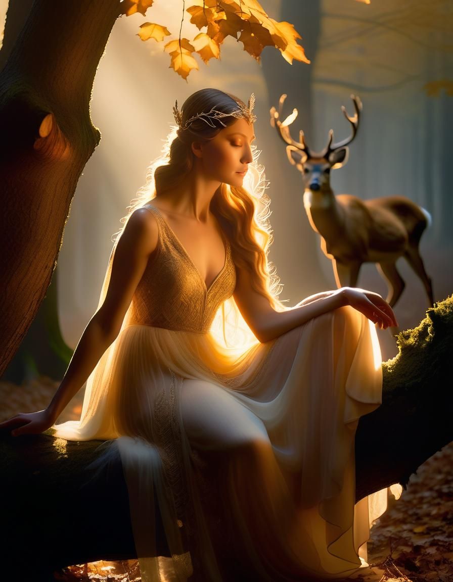 Renaissance Goddess in Forest with Deer
