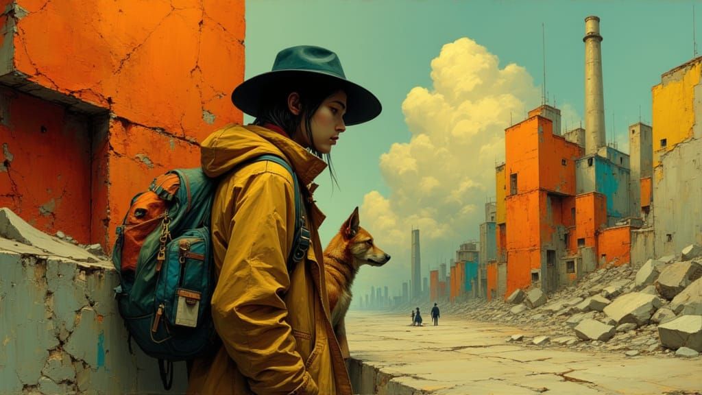 Wanderer Meets Figures in Deserted City