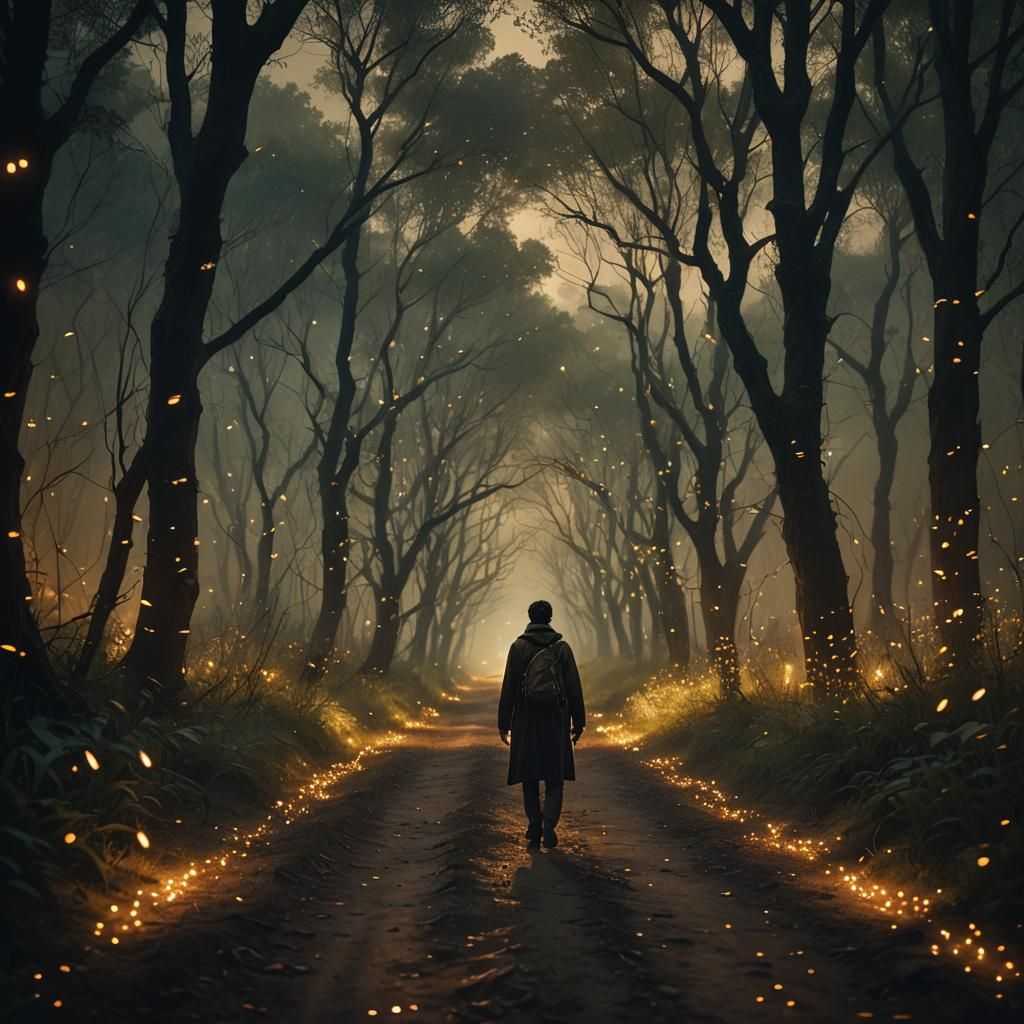 Eerie Path Lit by Fireflies: Mystical Realism
