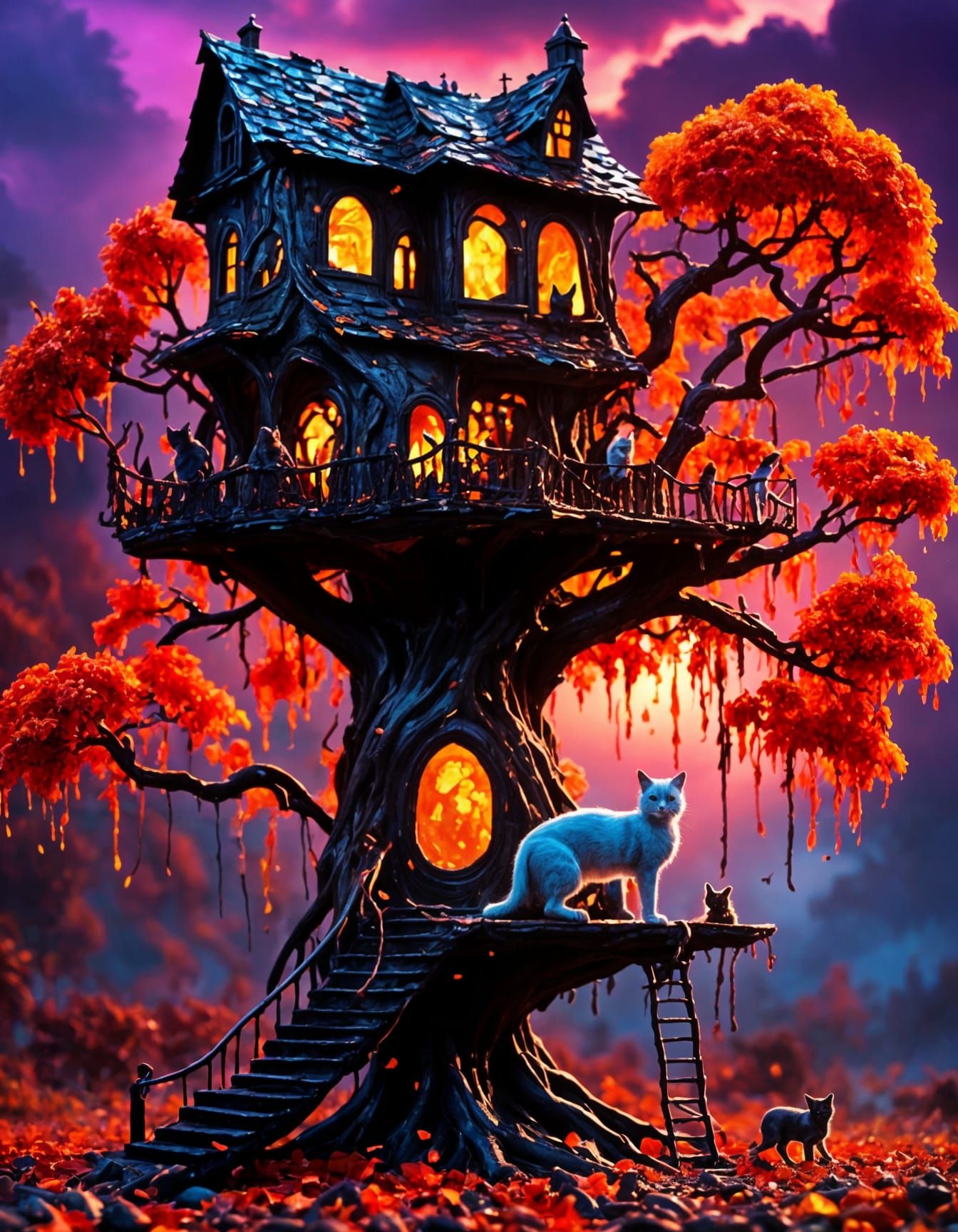 Cat on Haunted Treehouse in Oil Slick Style