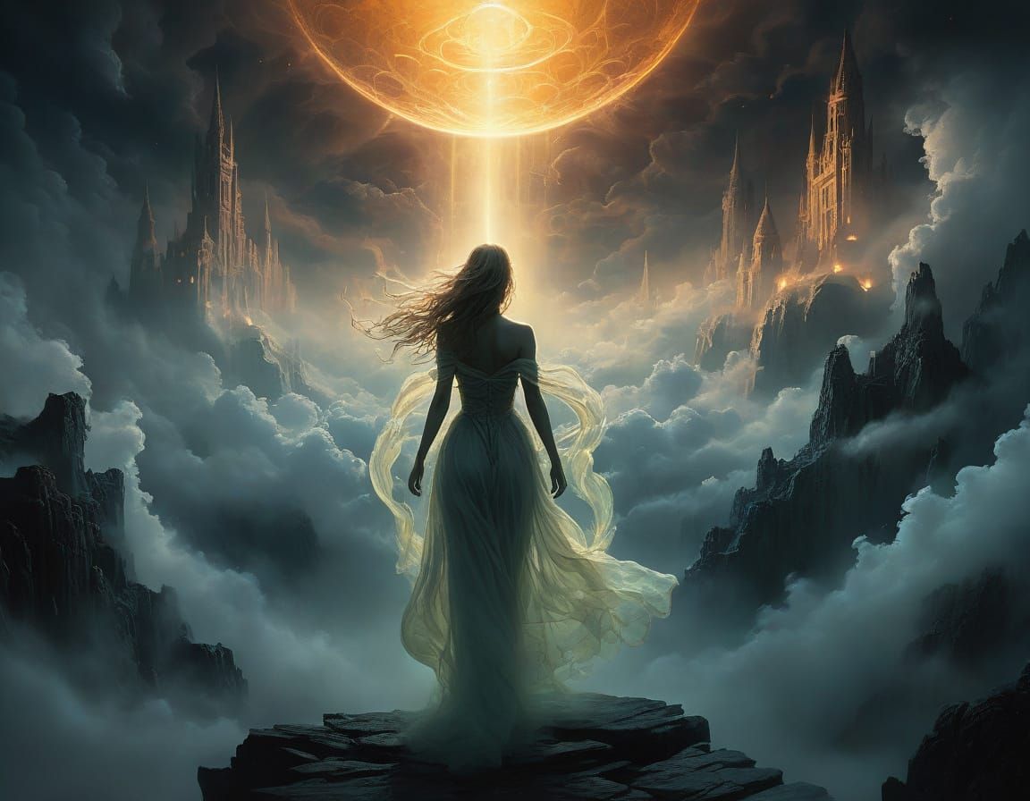 Ethereal Goddess Ascends Amidst Radiant Clouds and Light