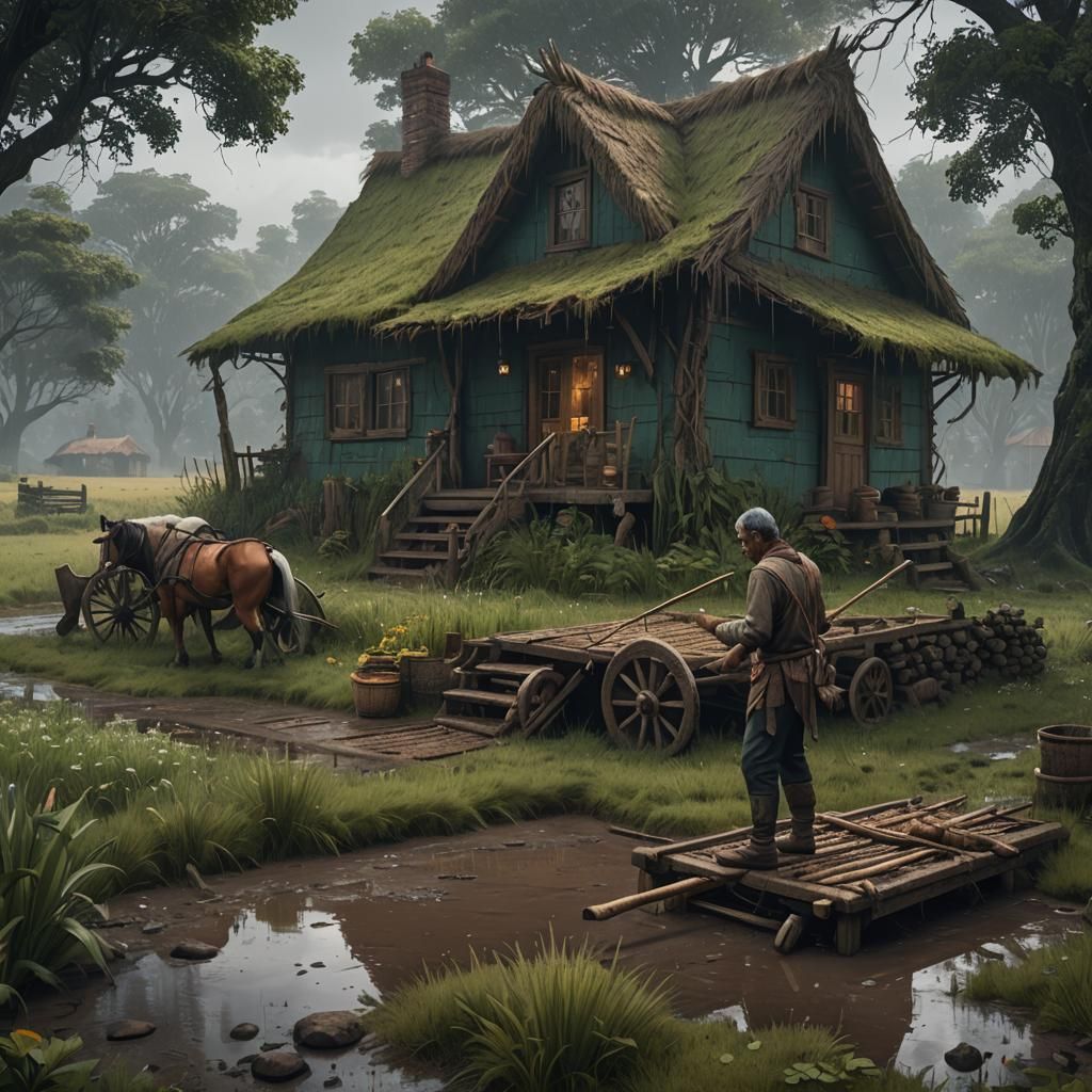 Aryan Man Working in Rainy Field: Detailed Matte Painting