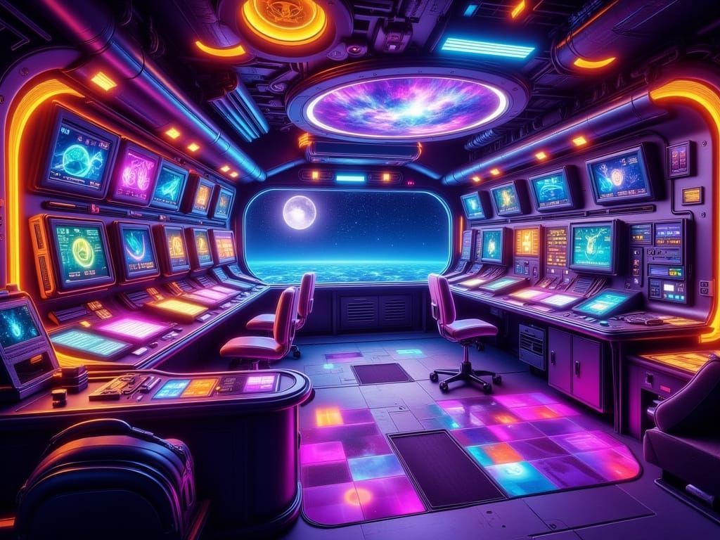Retro-Futuristic Space Station Interior in Neon-Lit Hyperrea...