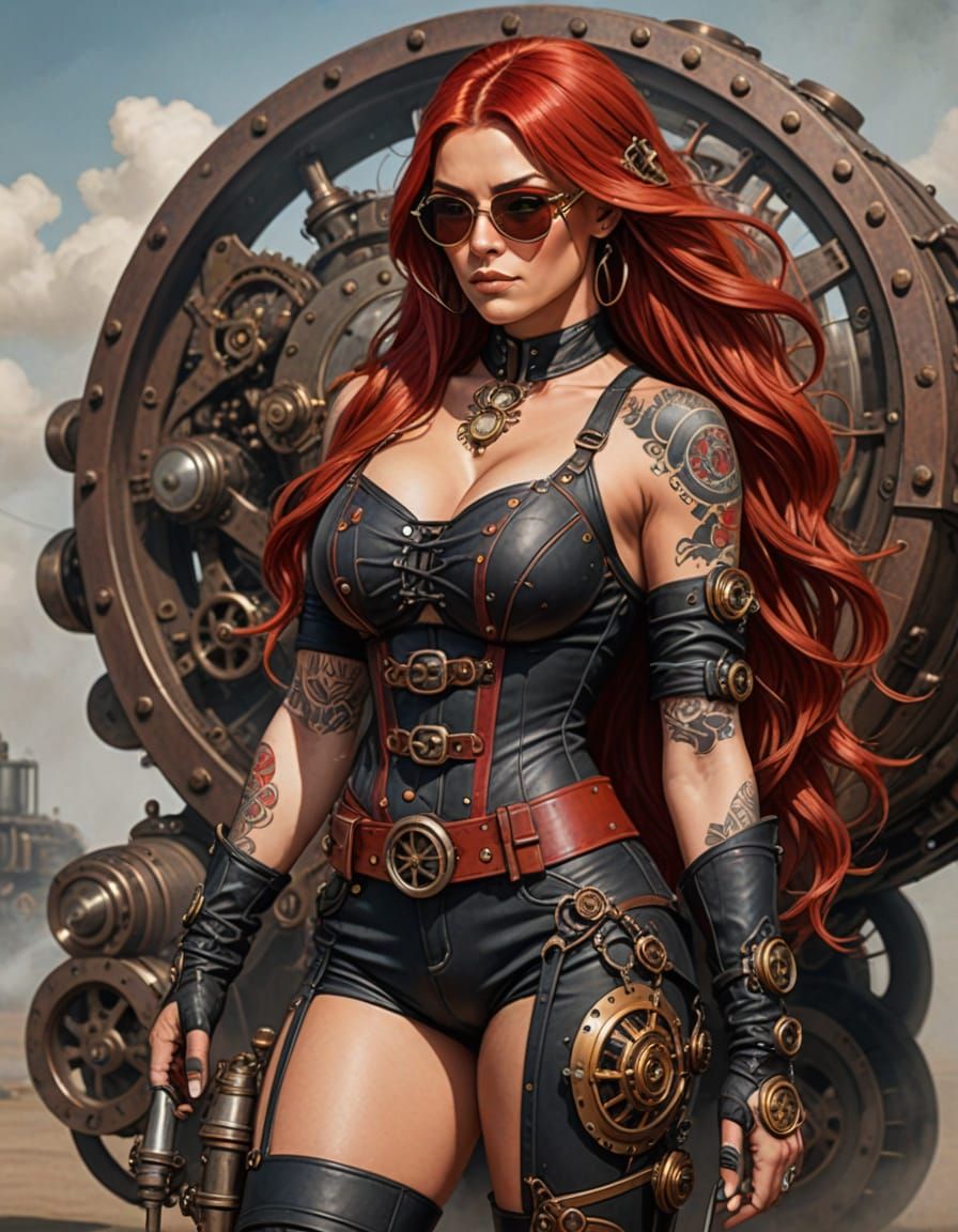 Sultry Steampunk Wrestler in Red Haute Couture