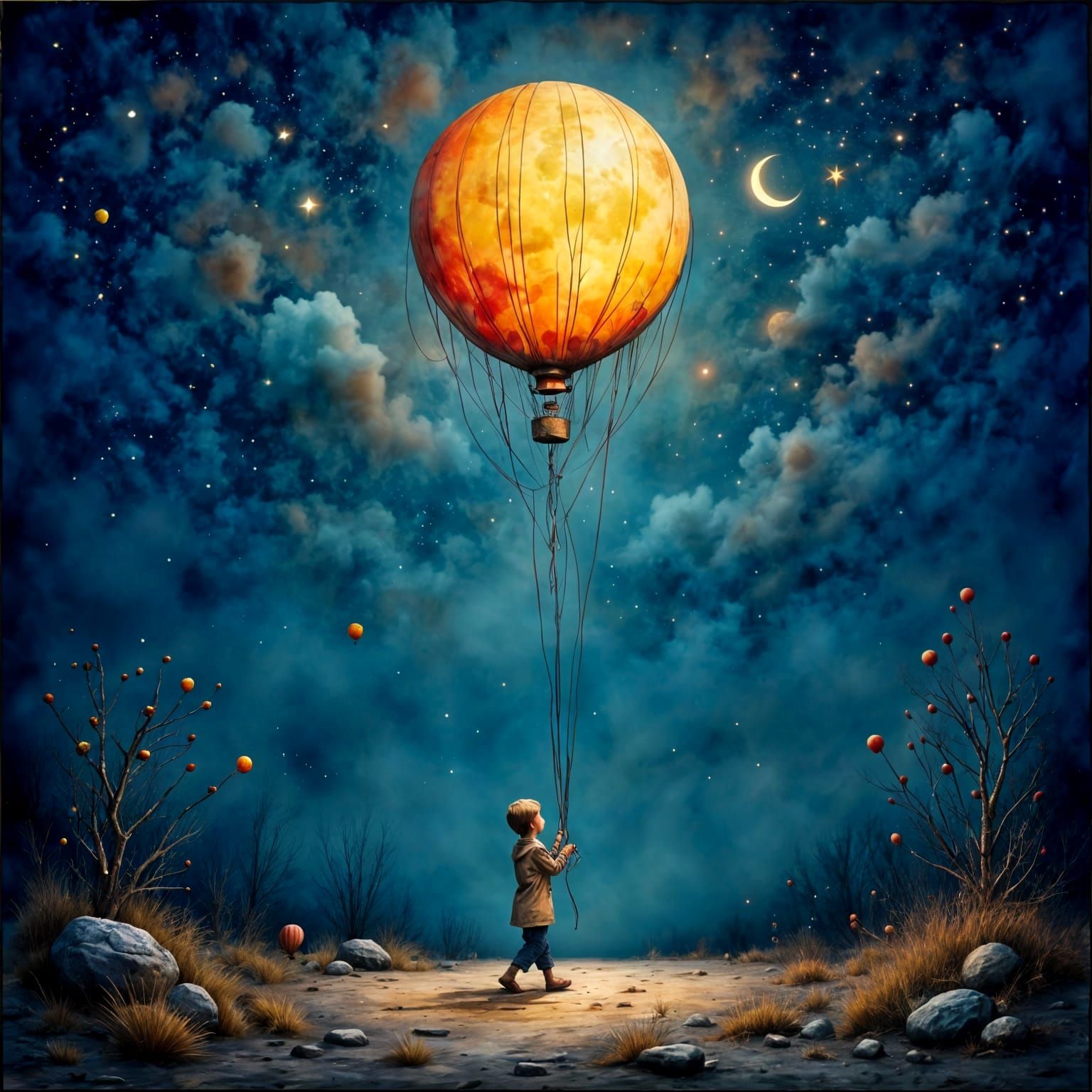 A Little Boy Holds a Magical Moon Balloon Under Starry Night