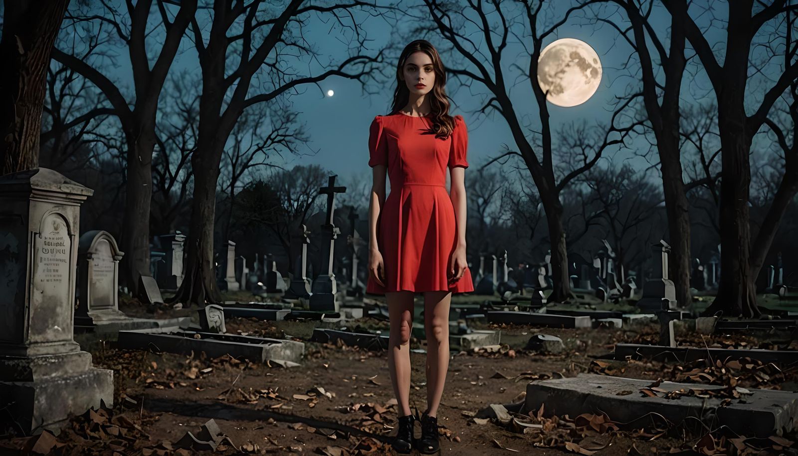 Girl in Red Dress Stands in Cemetery at Night