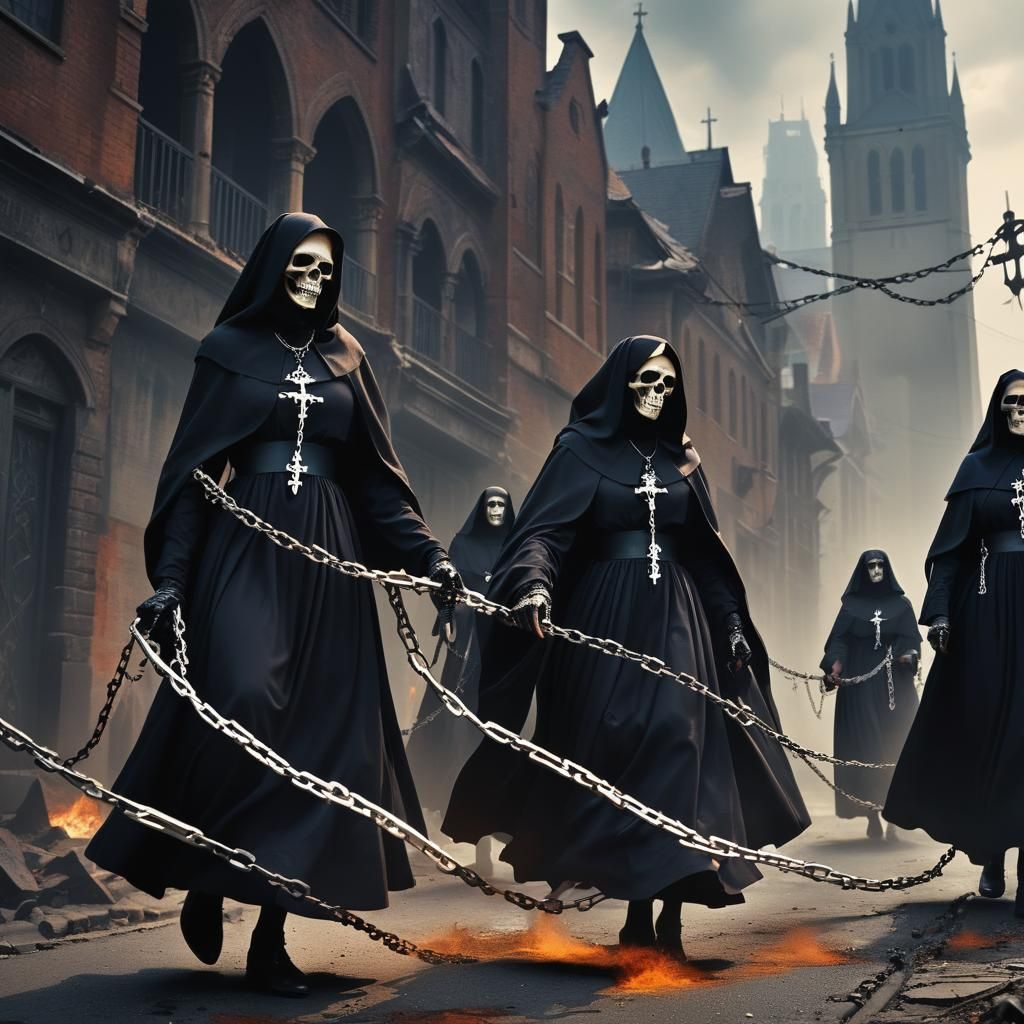 Nuns in Dark Fantasy Chains Dragged Through a Plague-Stricke...