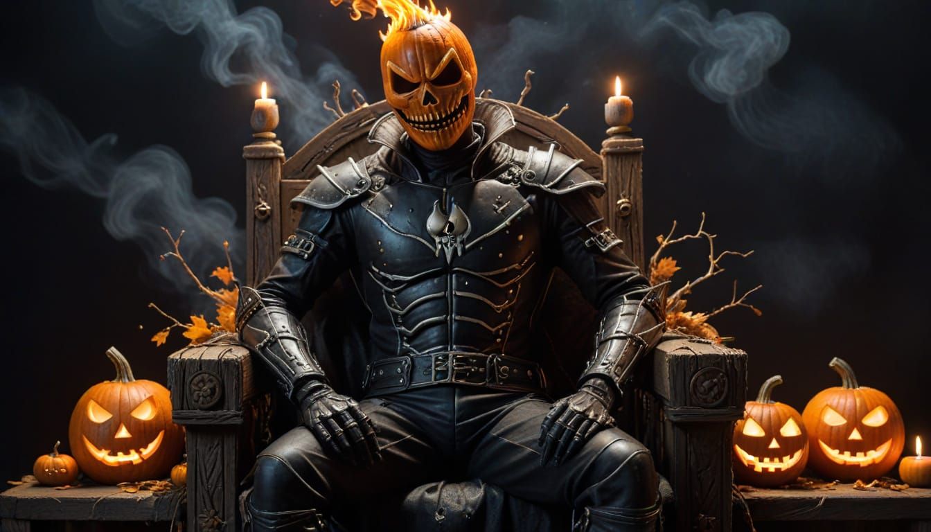 Pumpkin King on Throne with Fiery Eyes