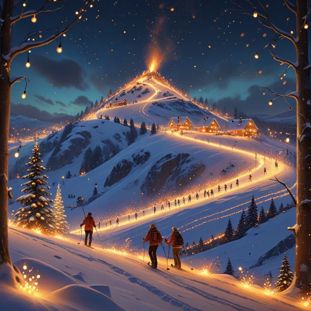 Skiers Light Up Snowy Hillside at Night
