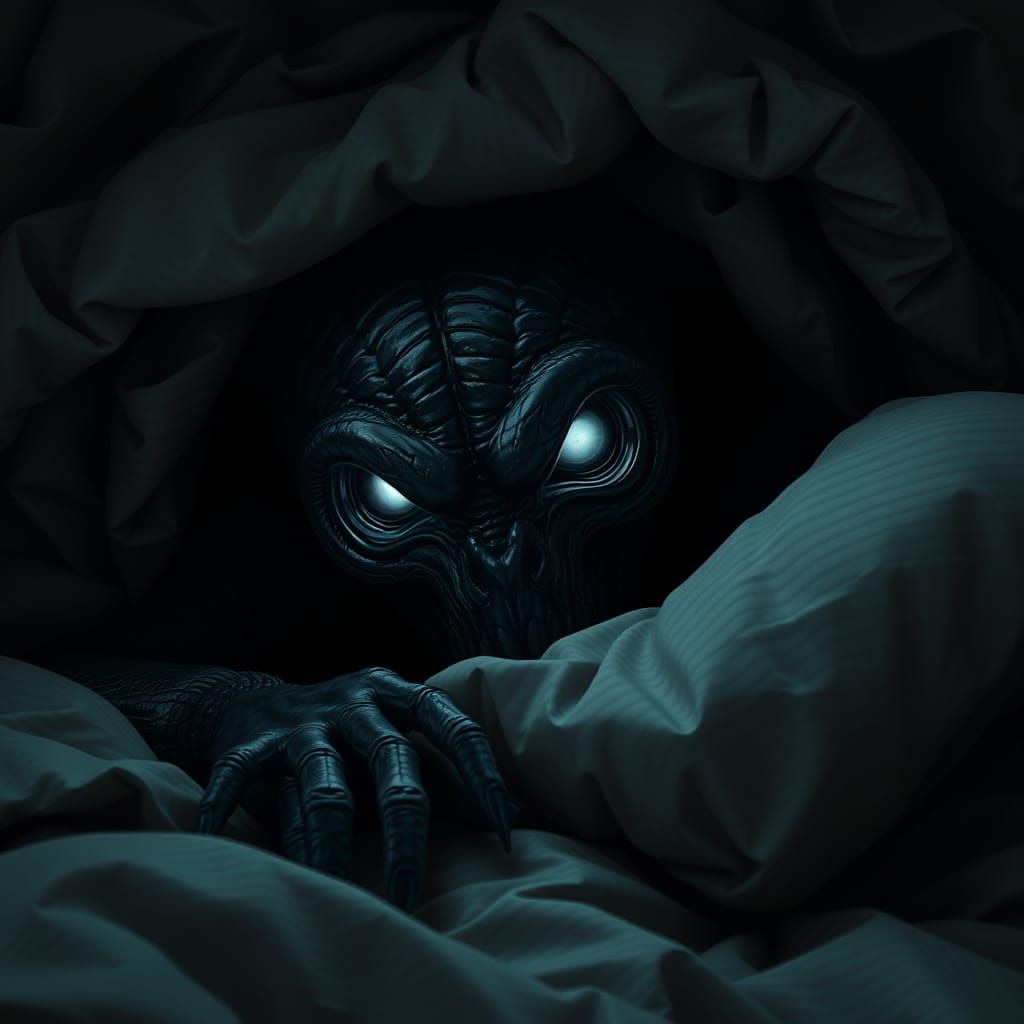 Surreal Dark Creature Lurks Under Bed with Glowing Eyes