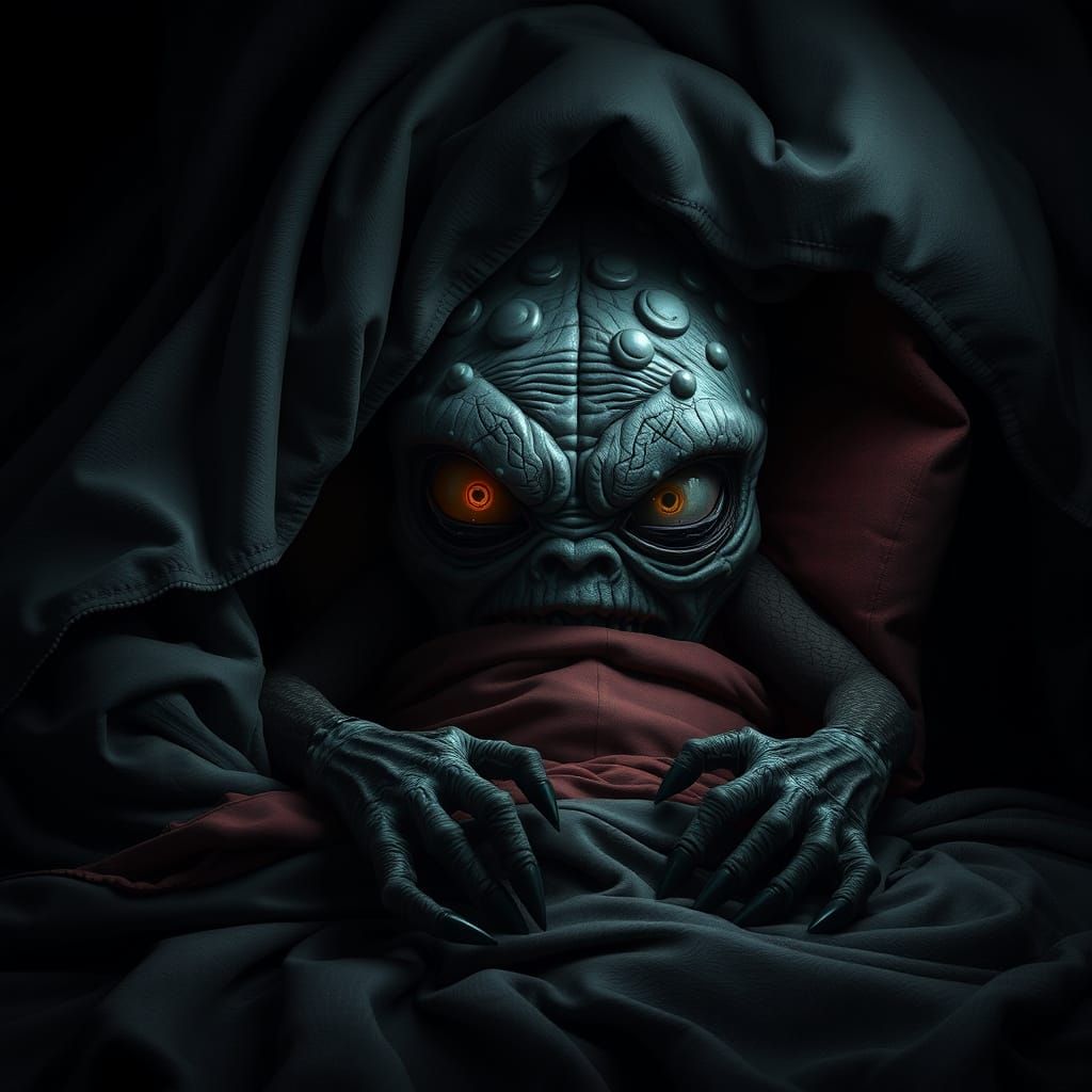 Dark Creature Emerges from Childhood Bed, Fearsome Eyes Glow