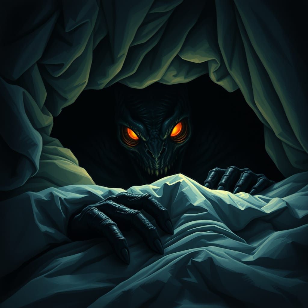 Eerie Bedtime Monster with Glowing Eyes, Frightening