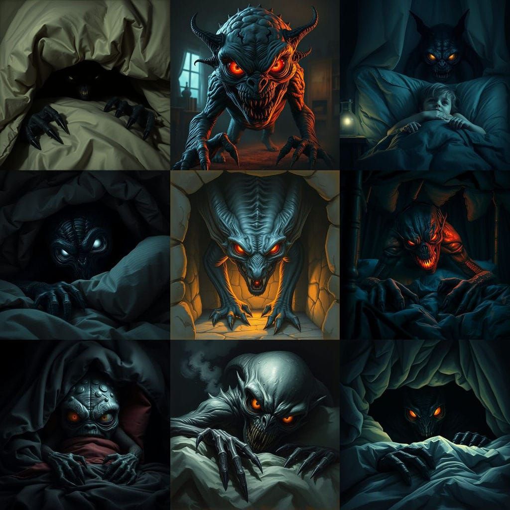 Surreal Nightmare Beneath the Bed with Glowing Eyes