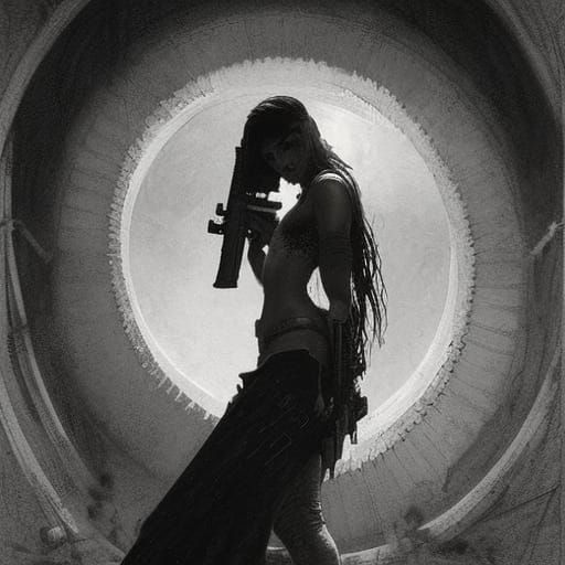 Futuristic Girl with Gun in Gothic Horror Style
