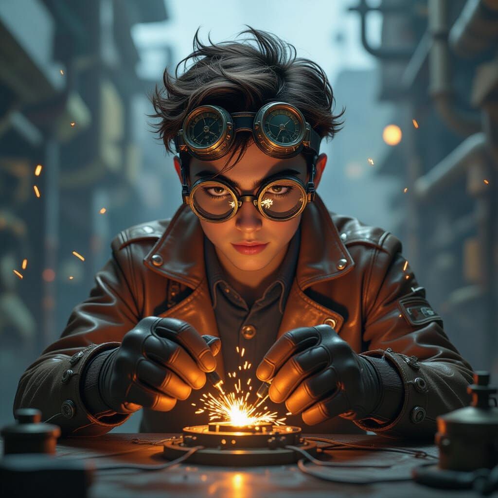 Inventor Tinkering with Steampunk Machine in Anime Style