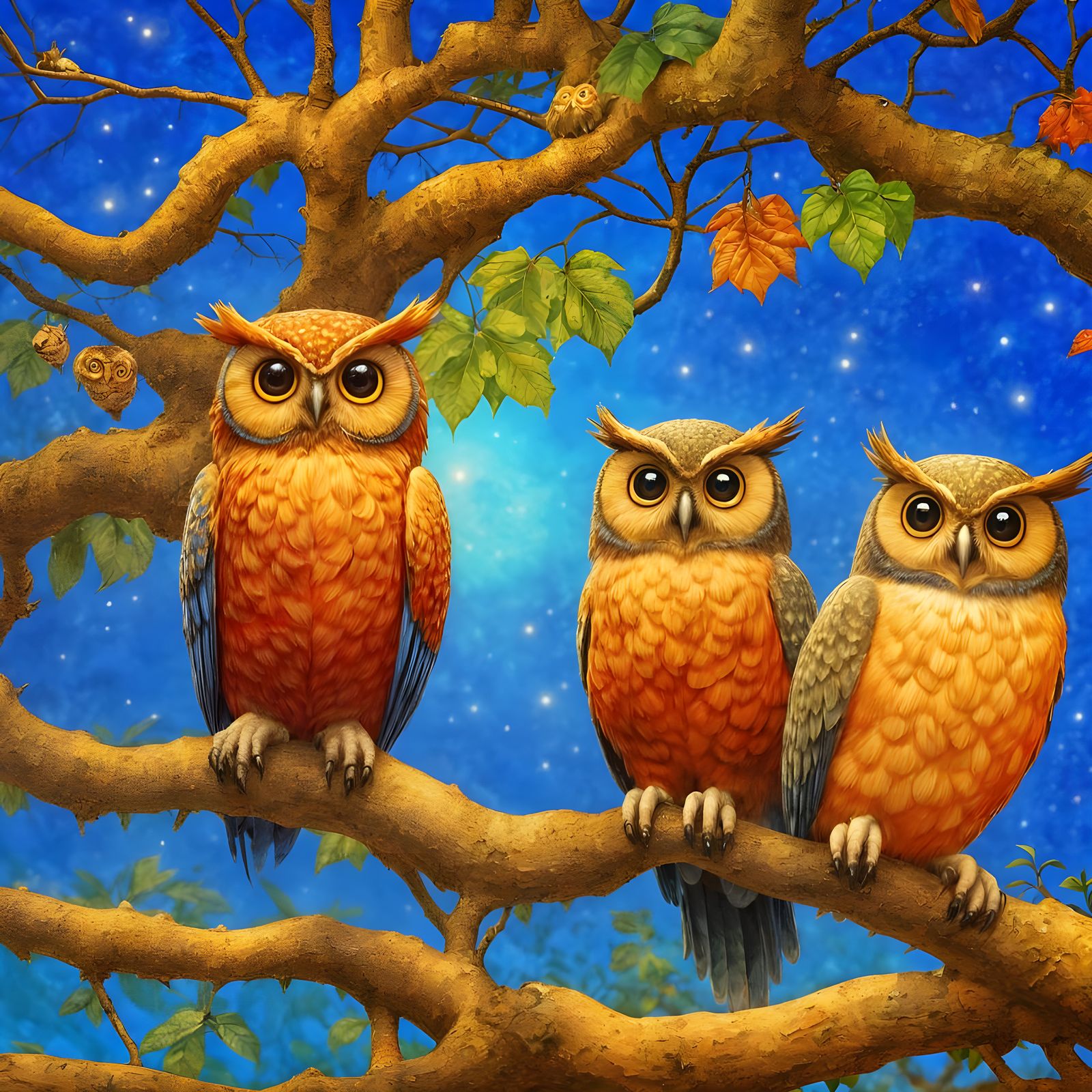 Owls on Branch in Ethereal Fantasy Landscape
