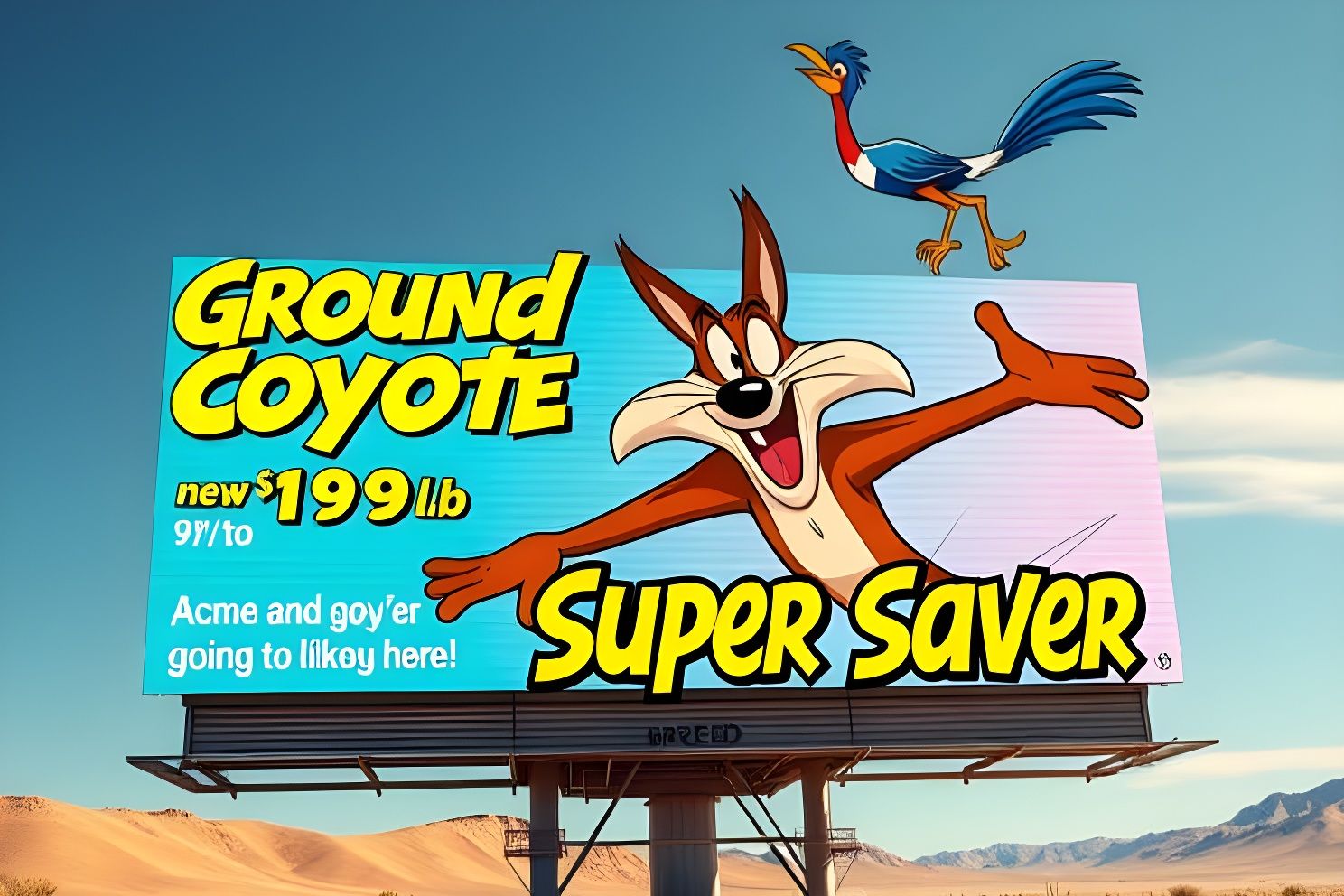 Crashing Coyote Billboard in Desert Landscape