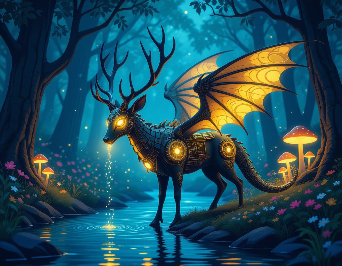 Steampunk Deer-Dragon Creature in Moonlit Forest