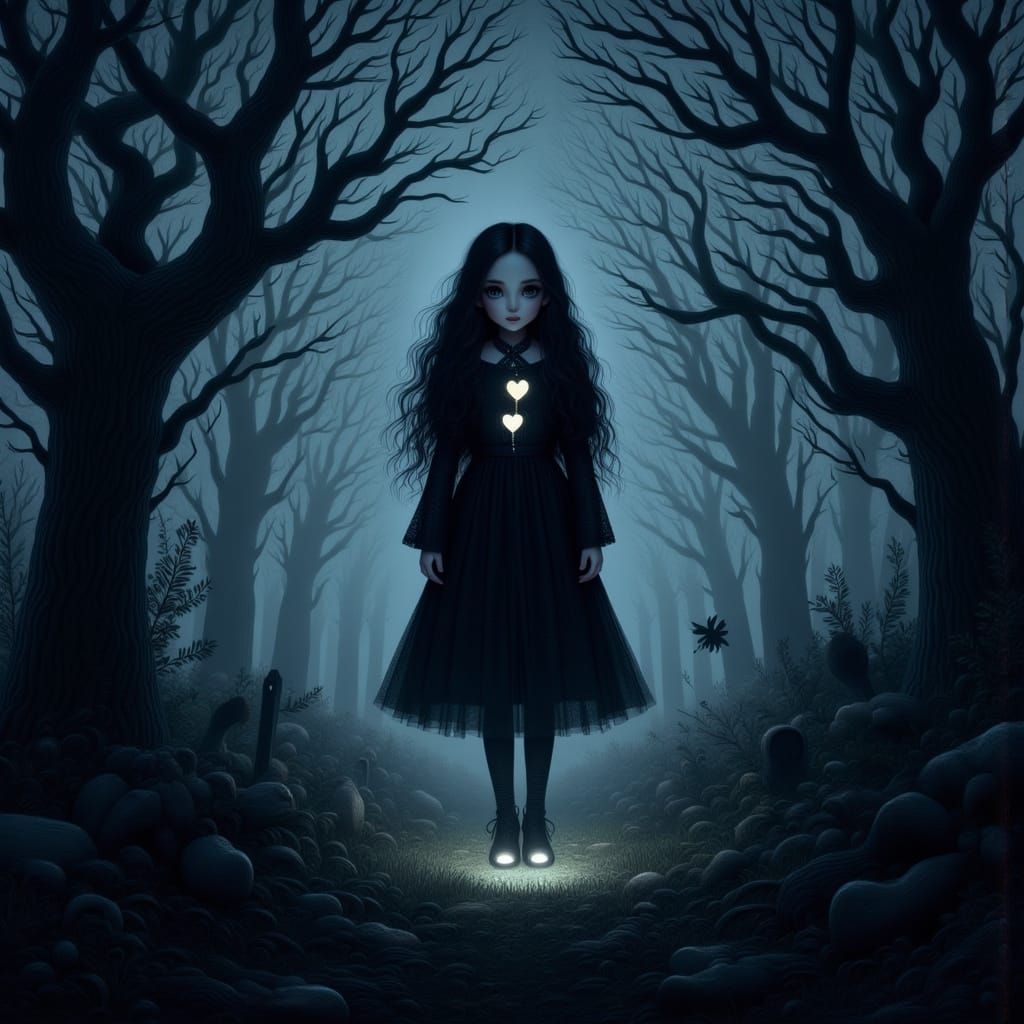 Wednesday Addams in a Dark, Mysterious Graveyard Scene, Insp...