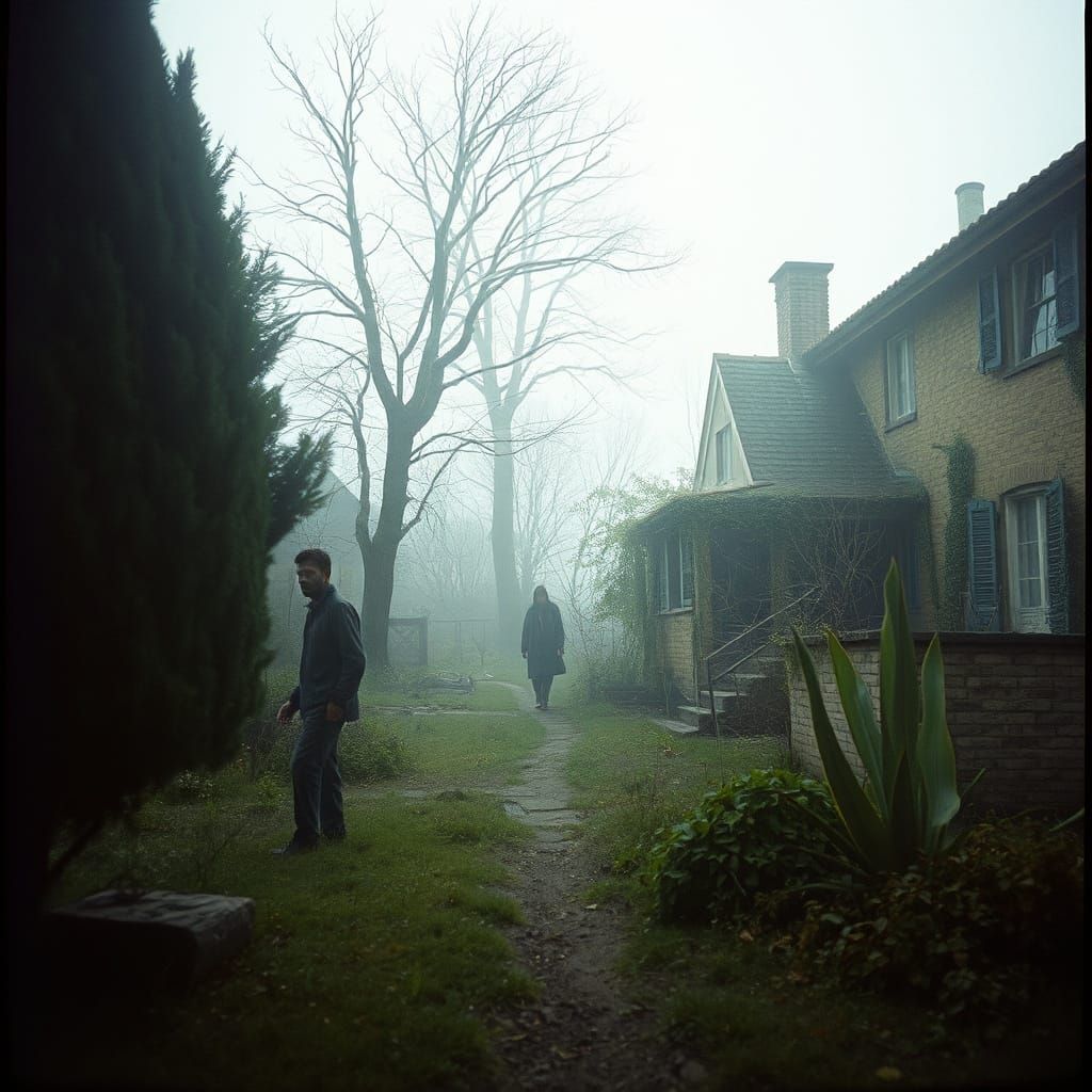 Ghosts Wander Through Derelict Mansion Garden