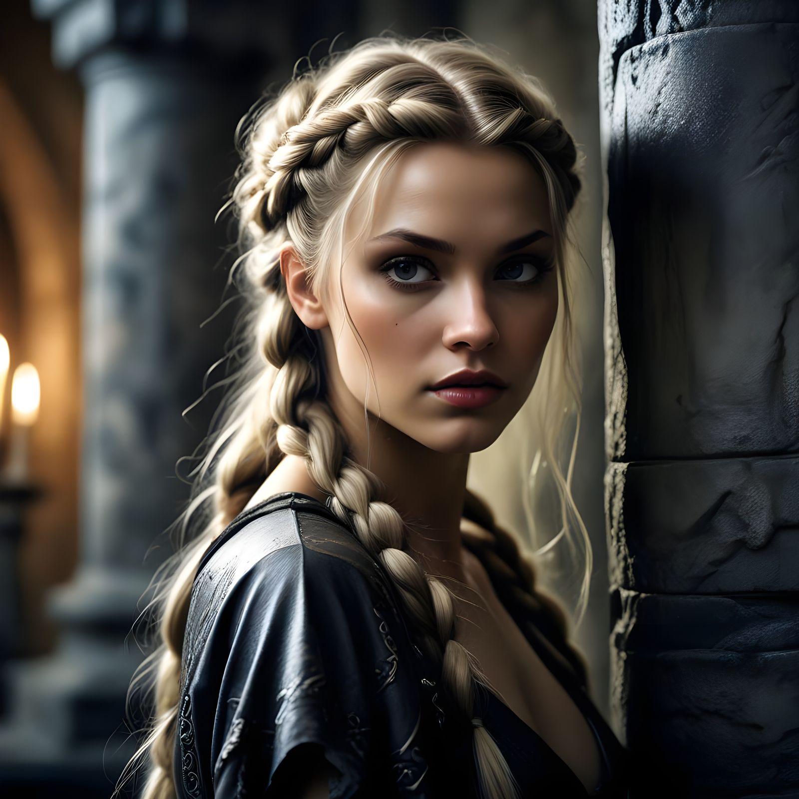 Norse Goddess Peeks Around Pillar in Shadowy Castle Hall