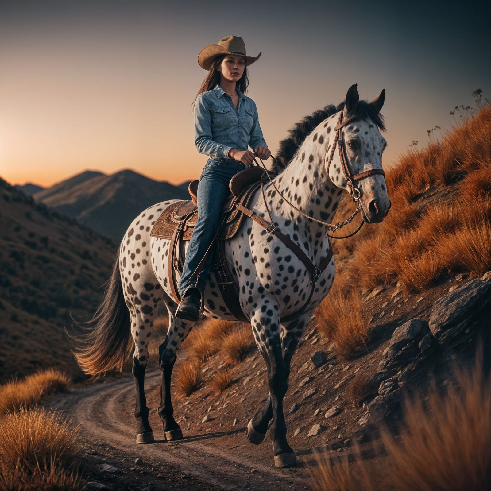 Elegant Cowgirl Rides Appaloosa Under Twilight Sky in Hyperr...