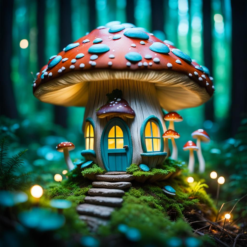 Whimsical Bioluminescent Forest Sanctuary in Dreamlike Fungi...