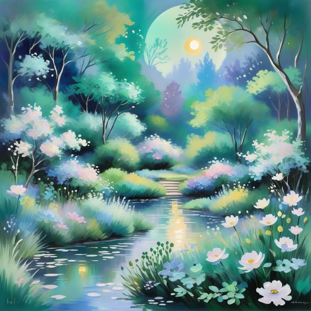Impressionist Garden Landscape in Lunar Light