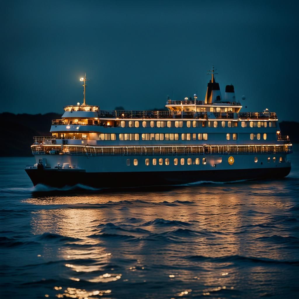 Night Ferry in Choppy Waters with Golden Lighting