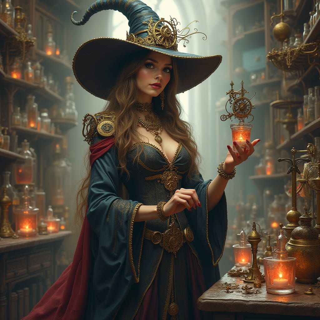 Steampunk Witch in Victorian Laboratory, Digital Art
