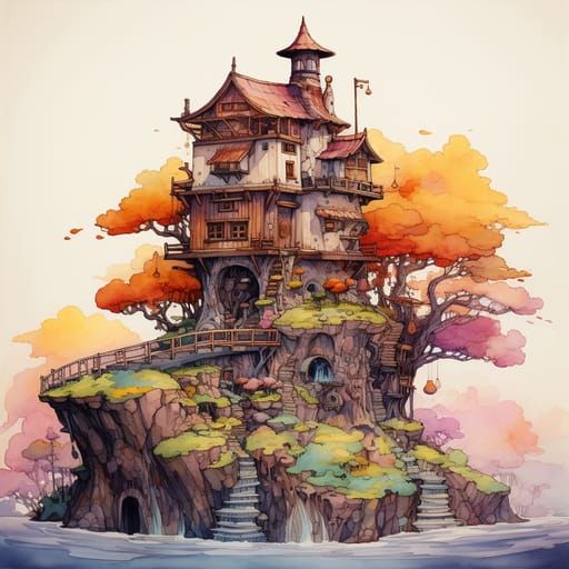 Colorful Fairy House Painting in Anime Style