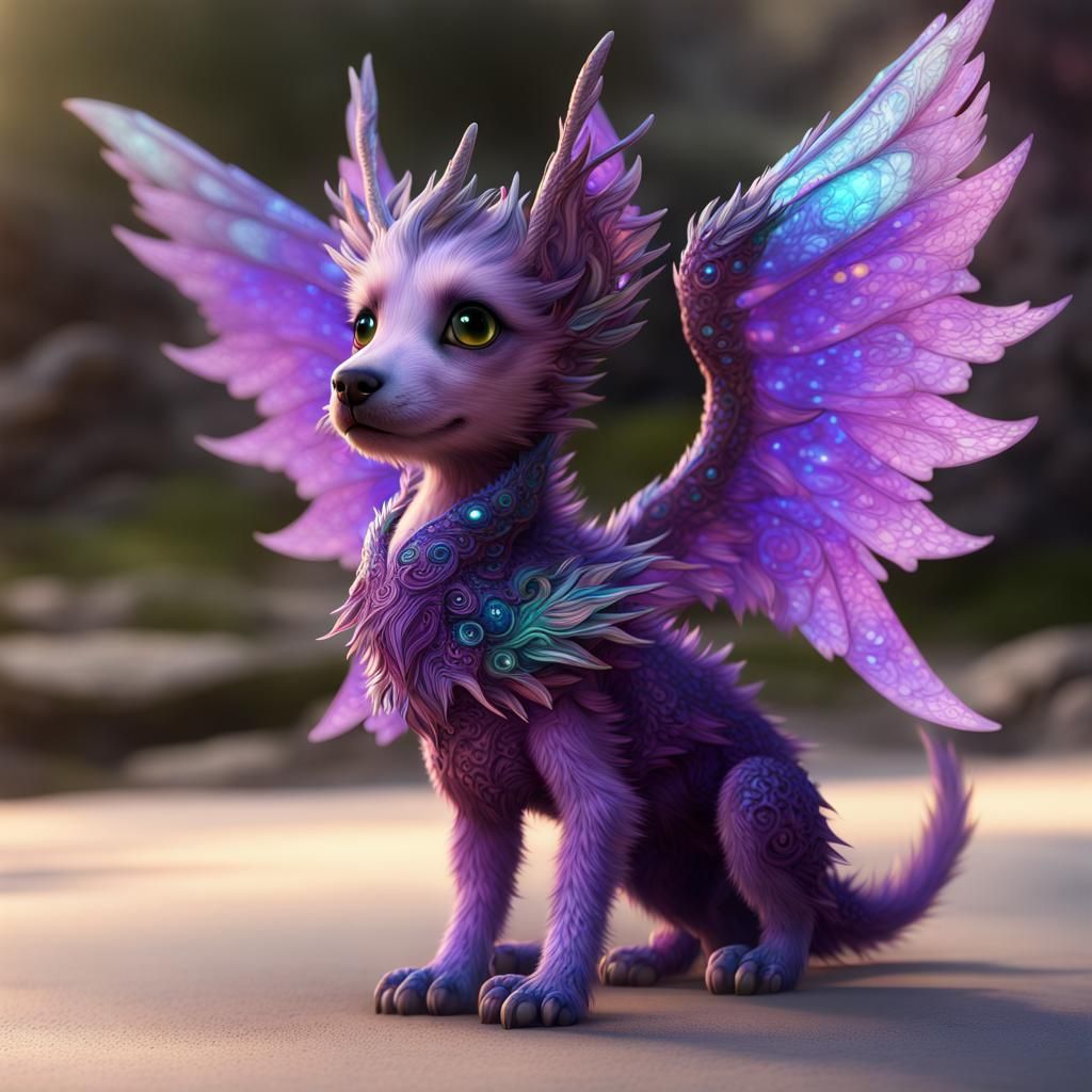 Winged Puppy Dragon with Fractal Fur in Fantasycore Style
