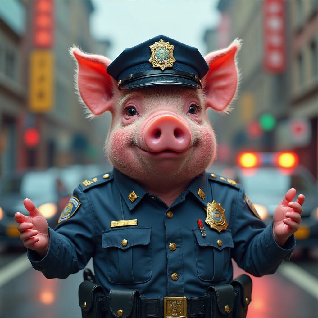 Hyperrealistic Pig Police Officer Directing Traffic