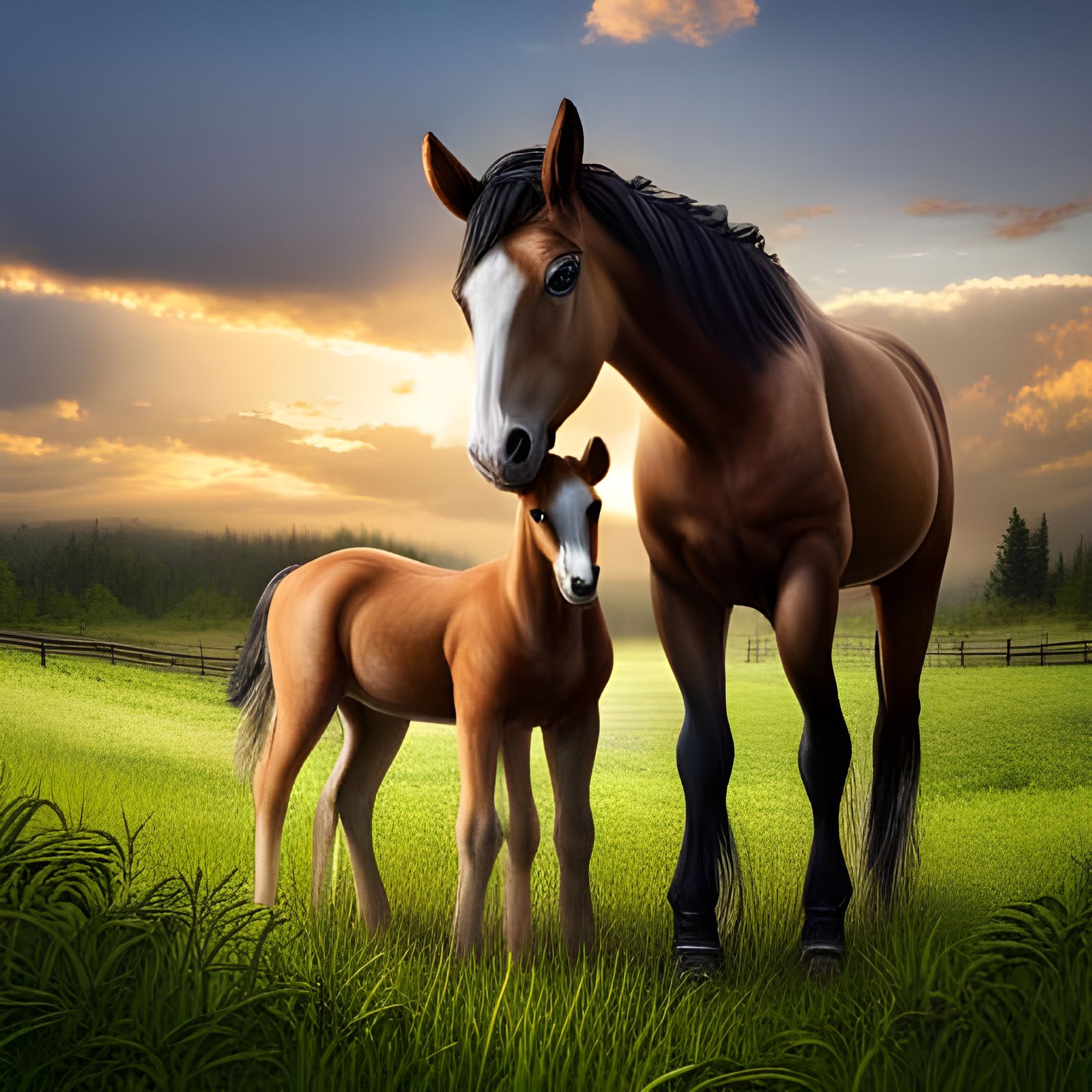 Adorable Baby Horse with Mother in Pasture