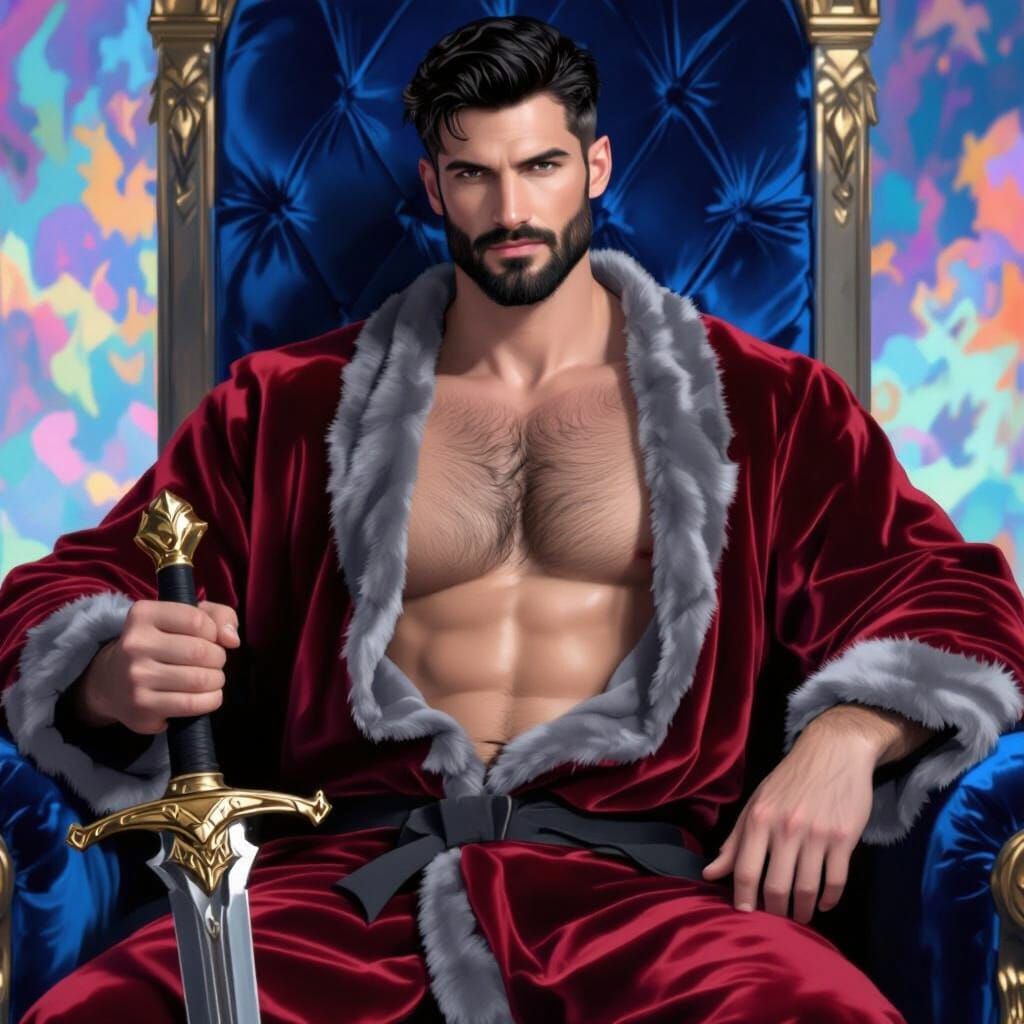 Regal Man on Throne With Sword, Opulent Chiaroscuro Style