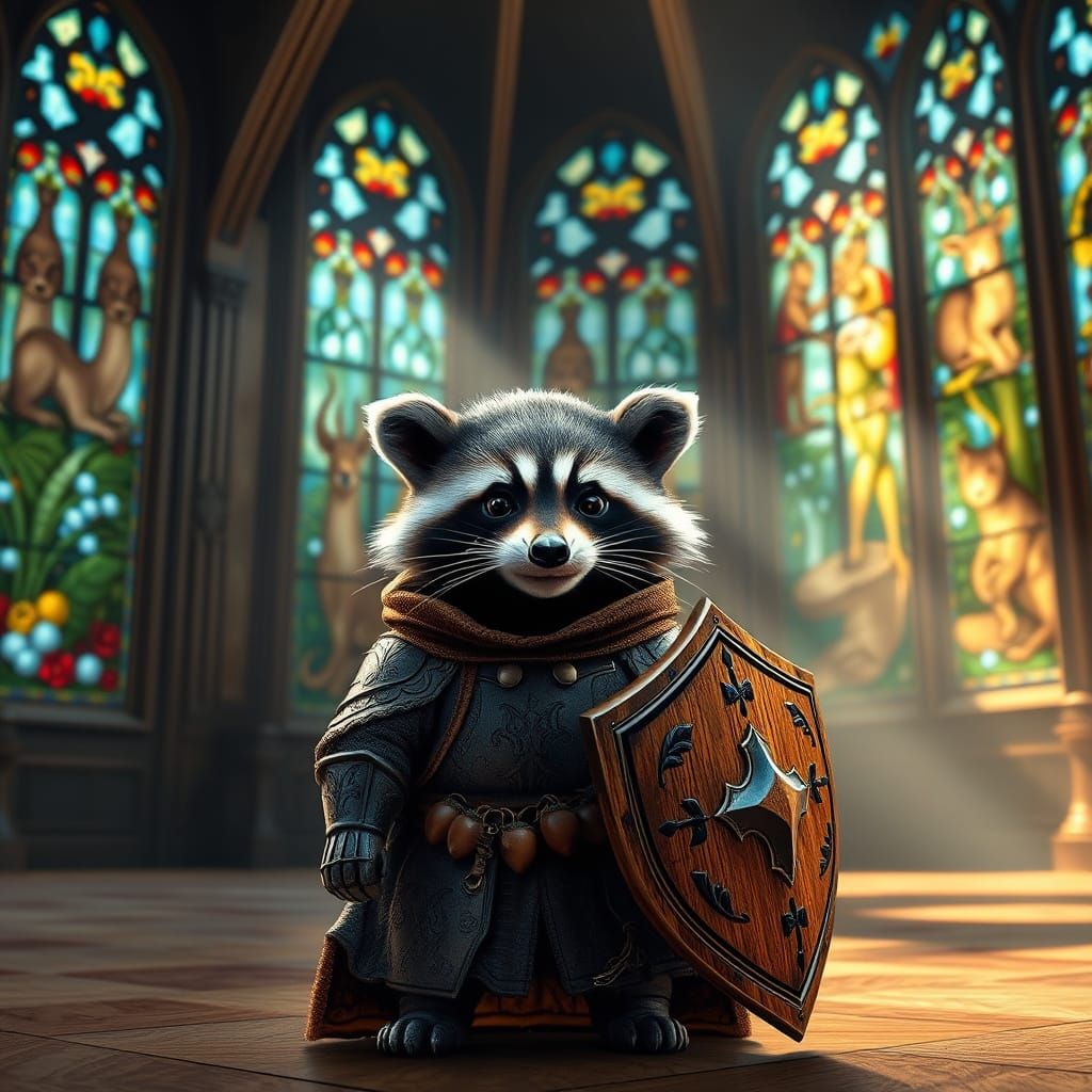 Raccoon Knight in Grand Hall as Baroque Painting