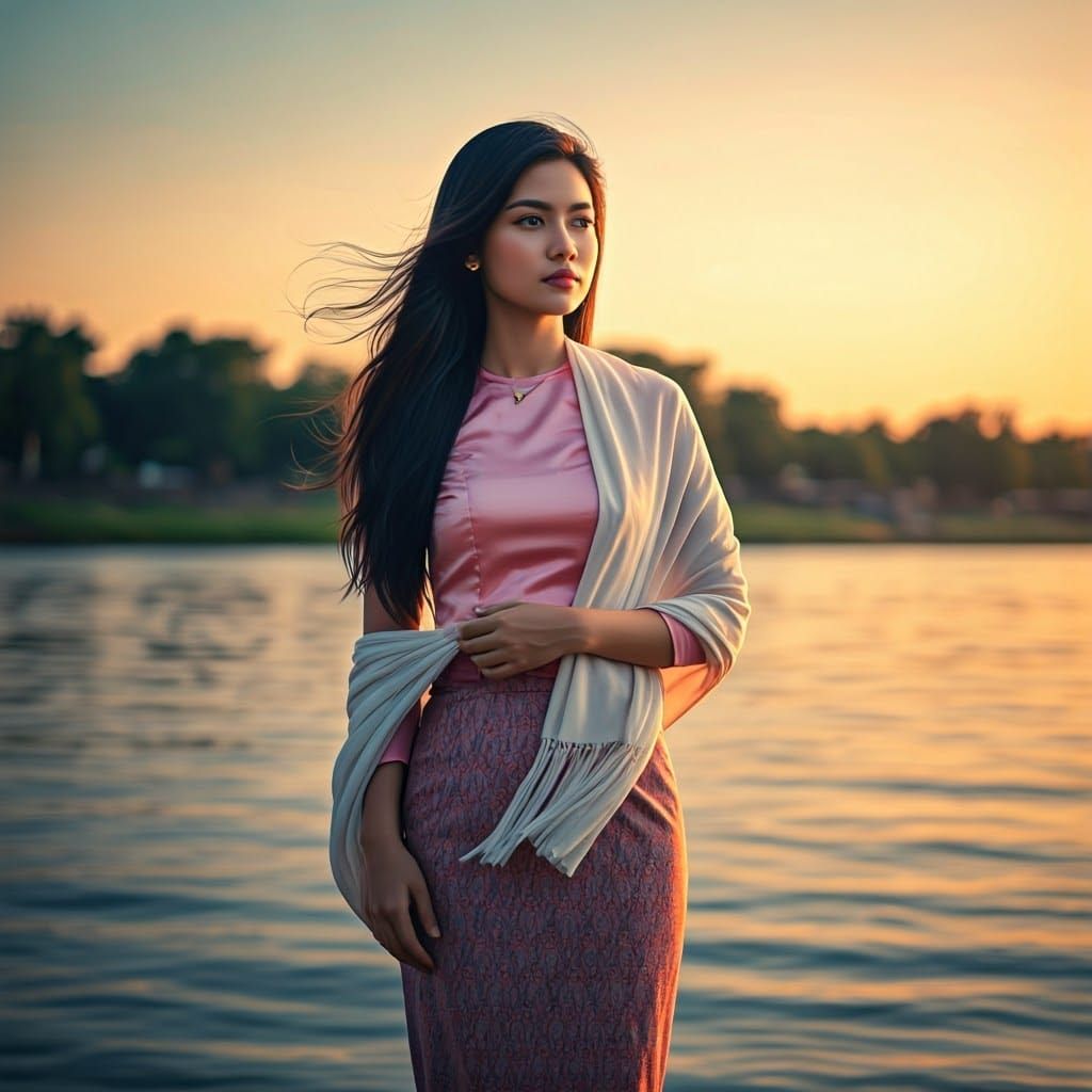 Burmese Woman at Sunset in Digital Comic Style