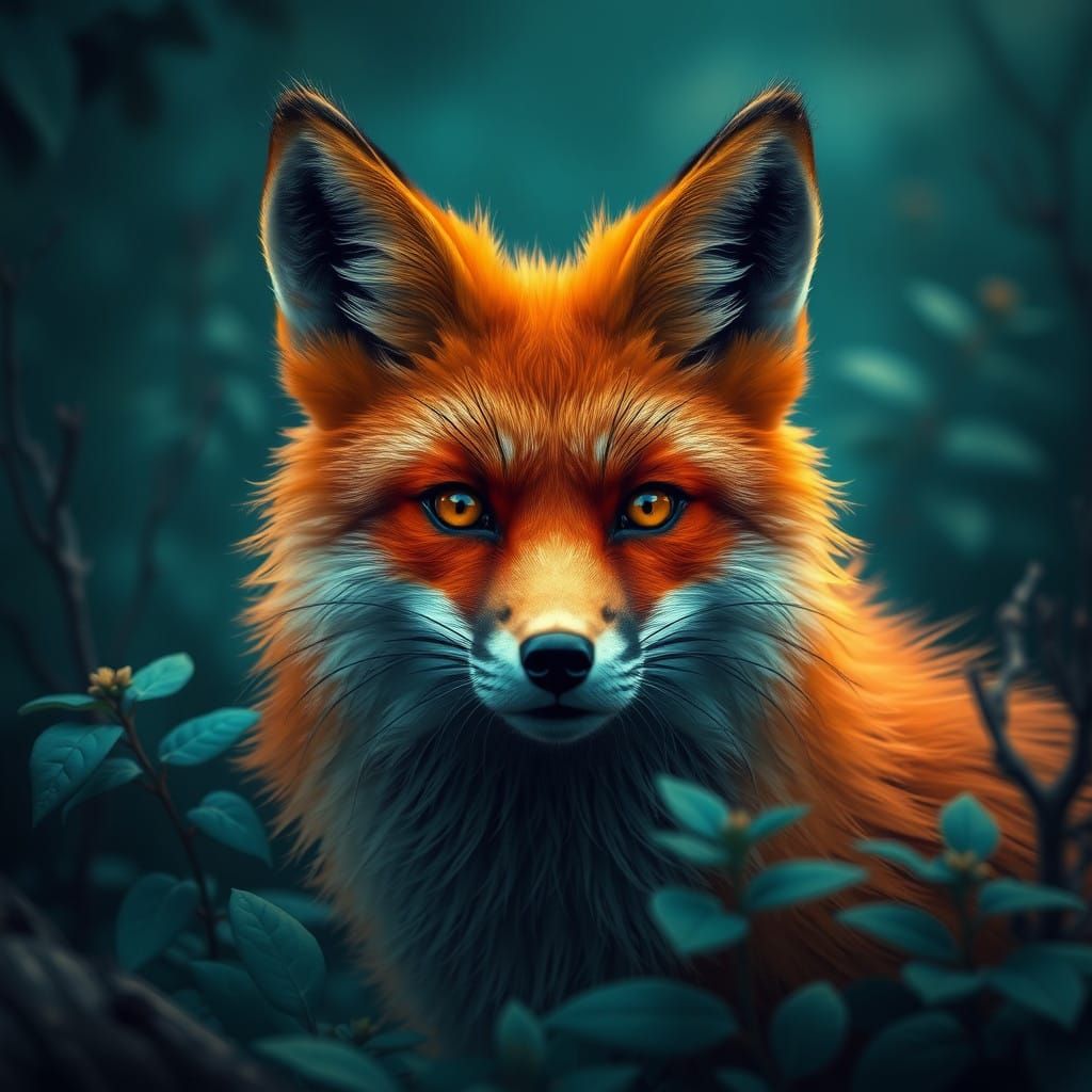 Surreal Red Fox in Dark Blue and Green Landscape
