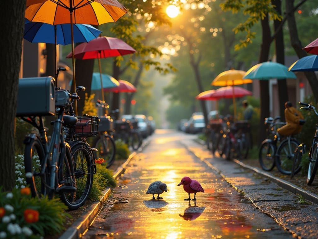 Puddlefluffs in Umbrellas: Dreamy Spring Street Scene