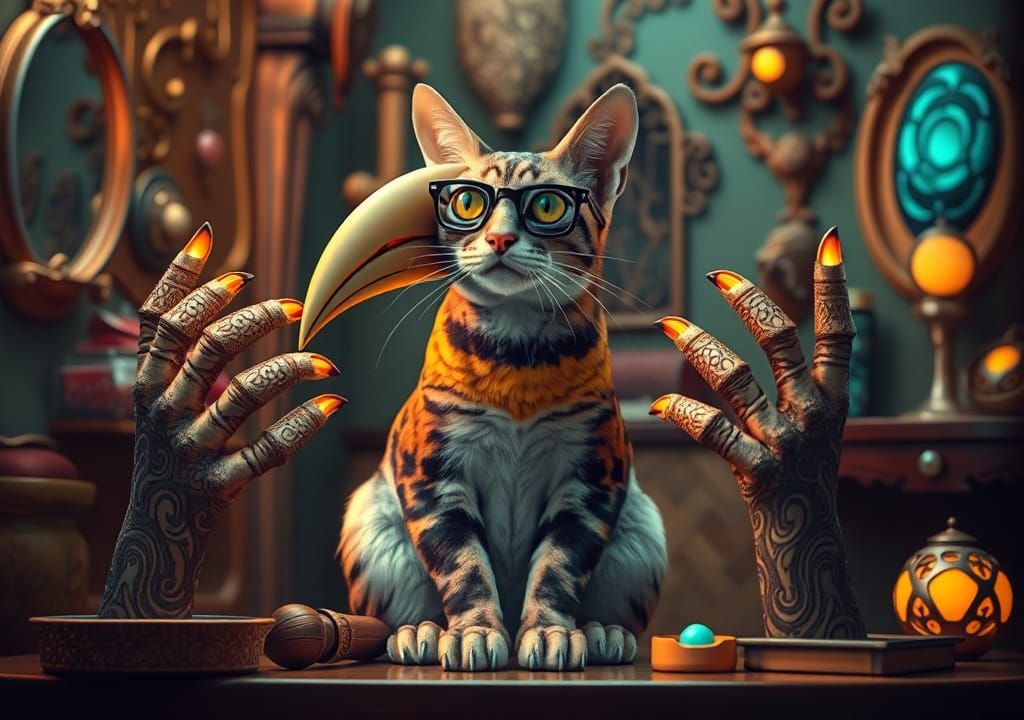 Egyptian Mau at Beauty Shop in Surrealist Style