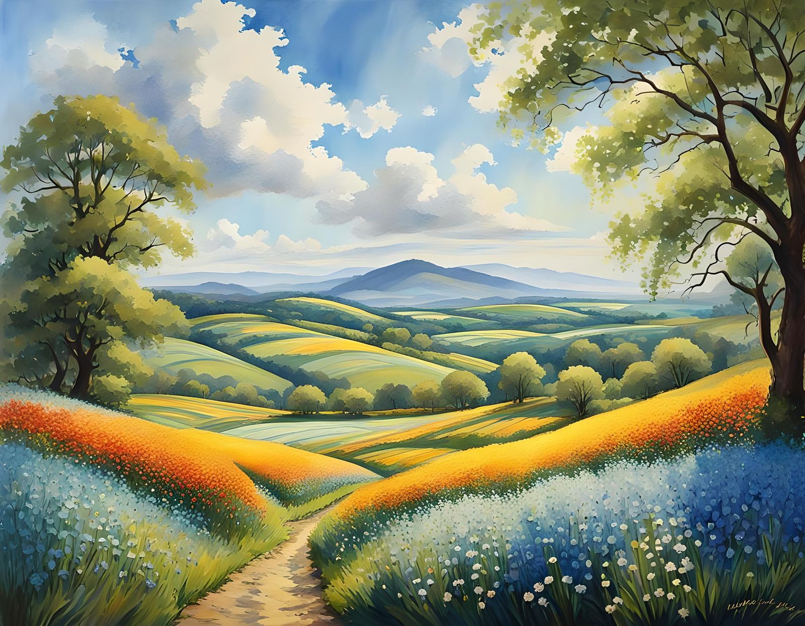 Spring Flower Field in Impressionistic Watercolor