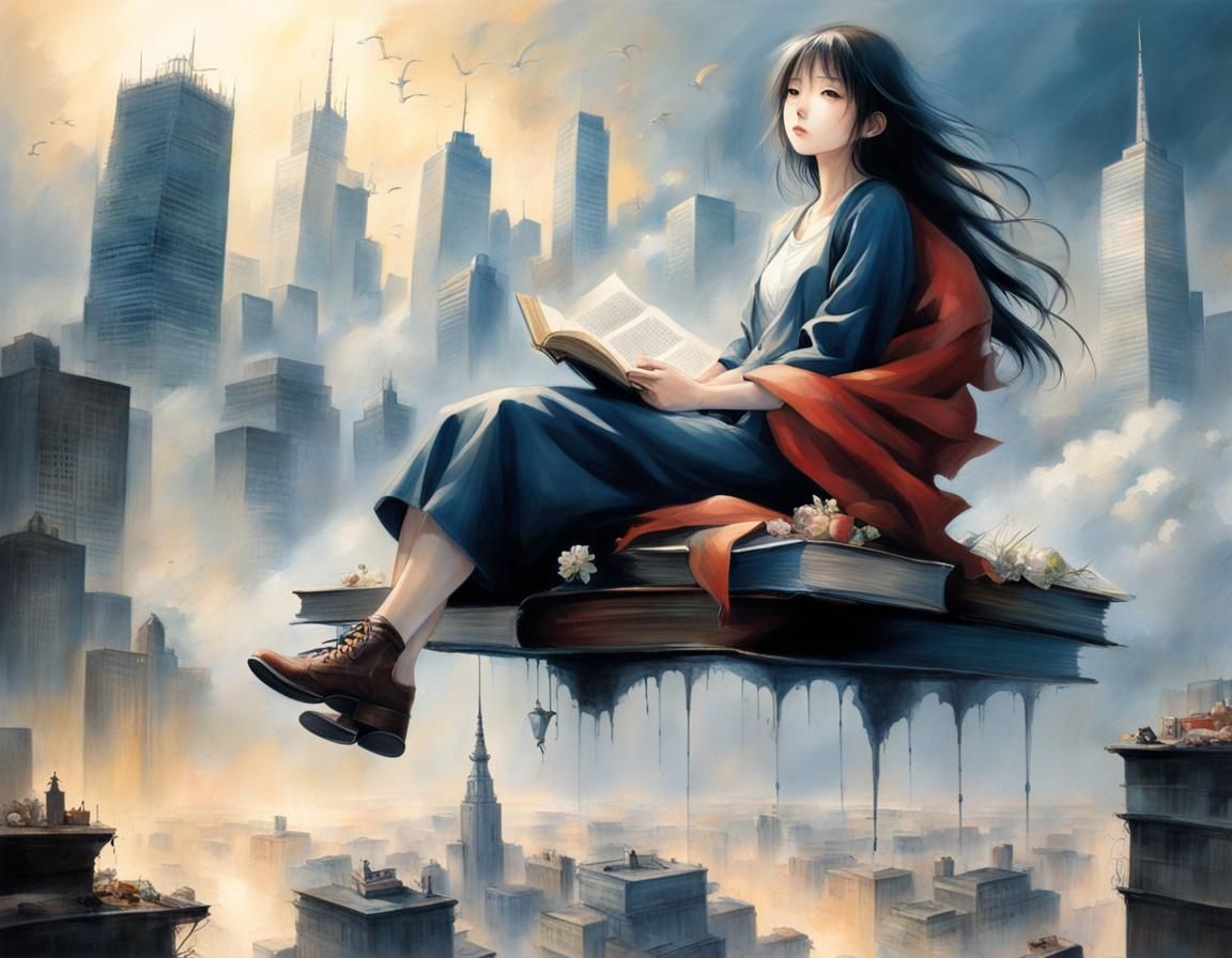 Girl Reading on Book Above City, Anime Style