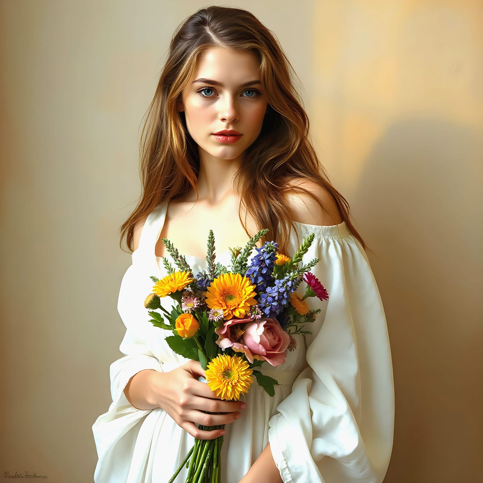 Woman with Flowers in Pre-Raphaelite Style