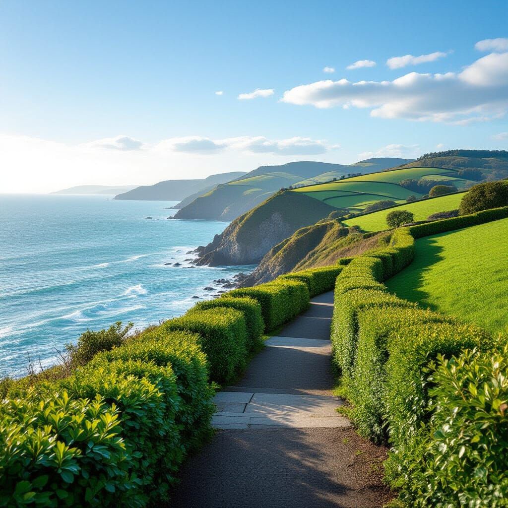 Undulating Cliff Path with Fields and Hazy Hills
