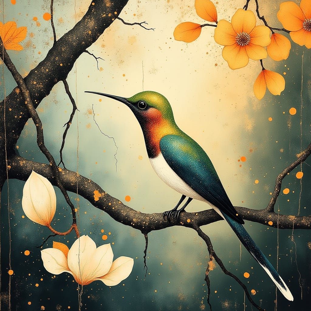 Vibrant Colibri on a Blooming Tree in Botanical Style