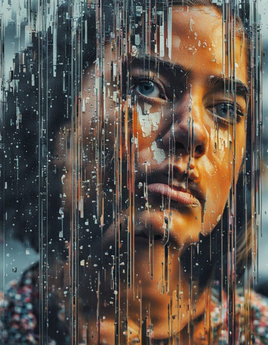 Melted Glitch Art Portrait in Broken Mirror