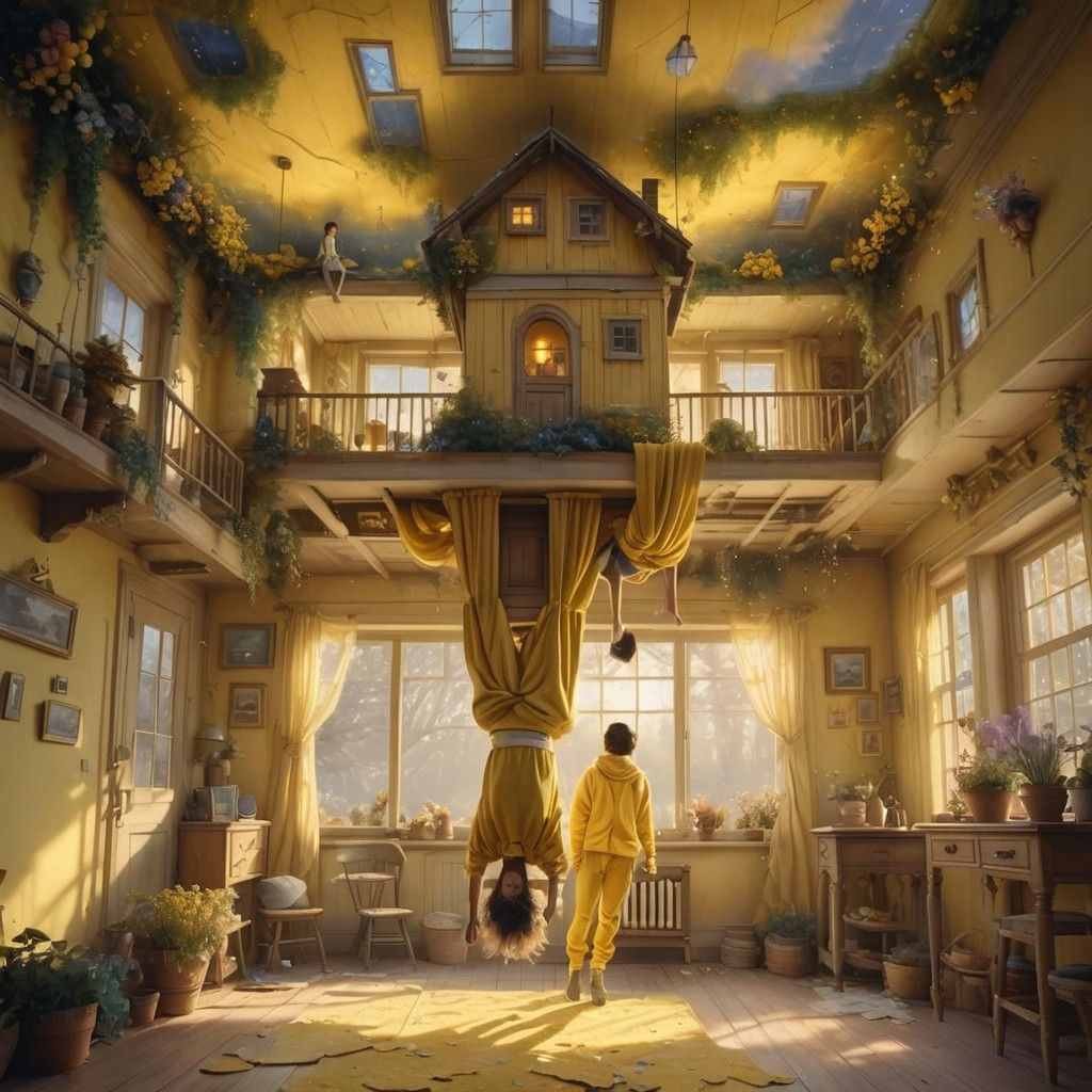 2 People in a Whimsical Yellow World Upside Down