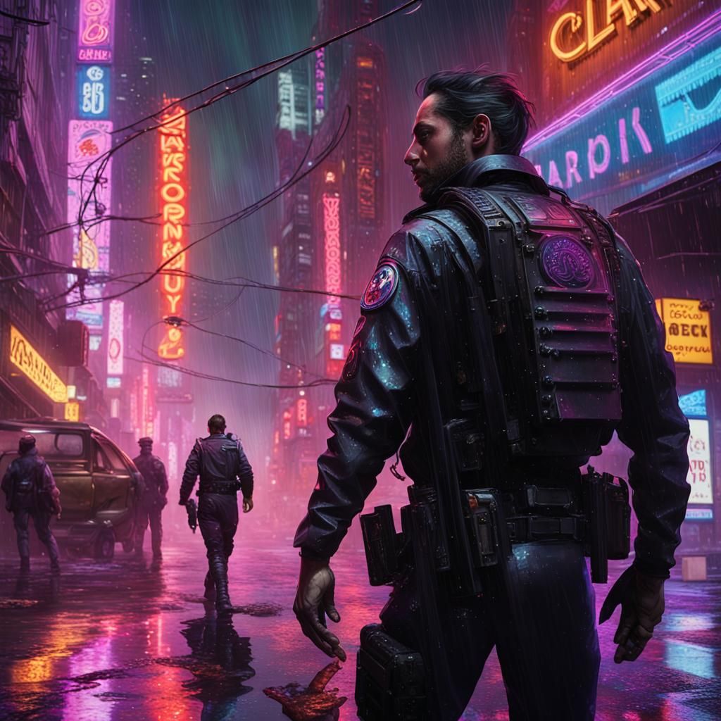 Dystopian Metropolis Cop in Cyberpunk Style