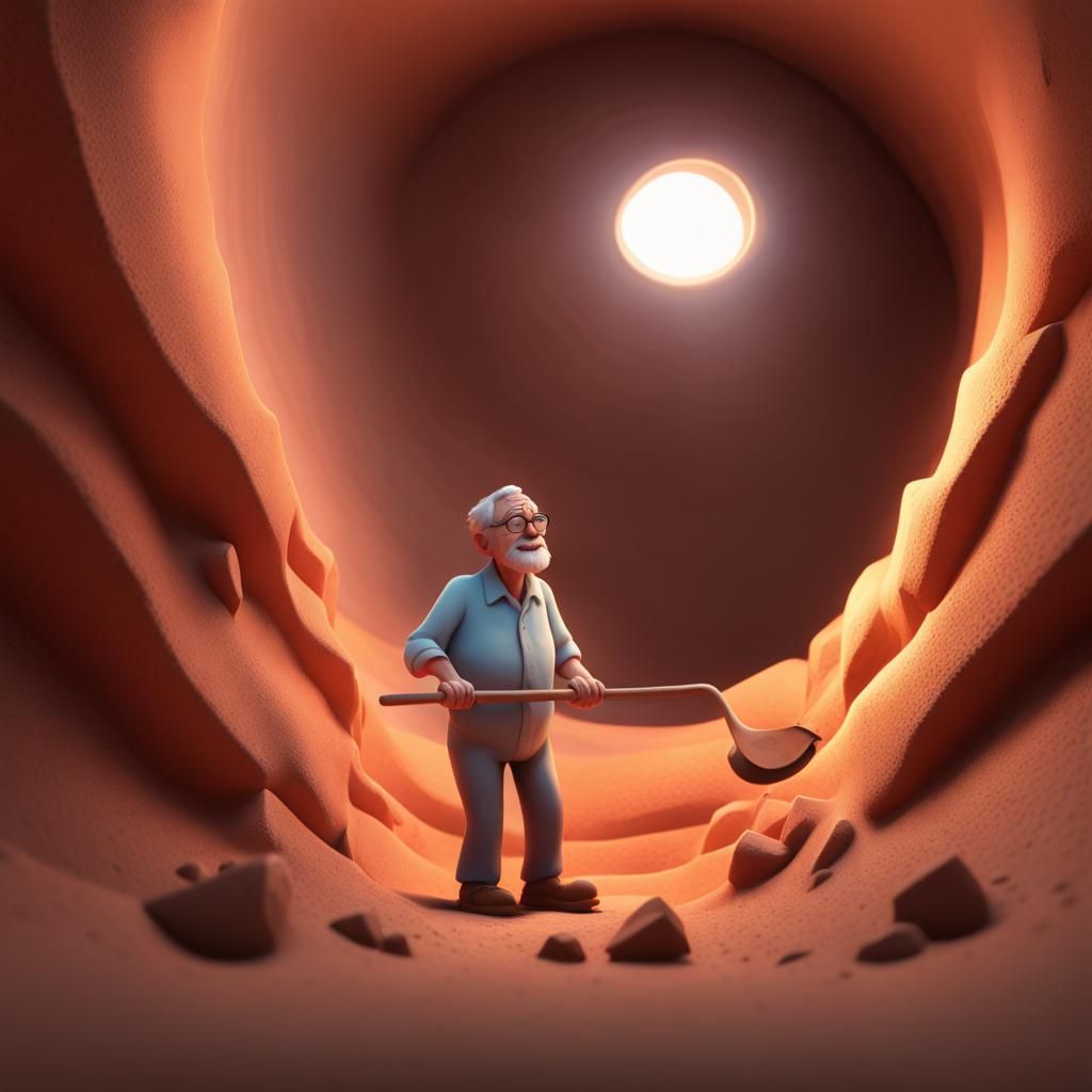 Elderly Man Digging: 3D Cartoon Concept Art